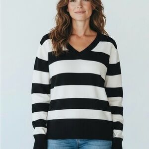 Black and White Striped V-Neck Sweater Size L By Cielo